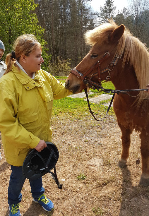 Tiergestützte Therapie im Odenwald | Begegnung mit einem Islandpferd Frau in der tiergestützten Therapie streichelt ein Islandpferd im Odenwald
